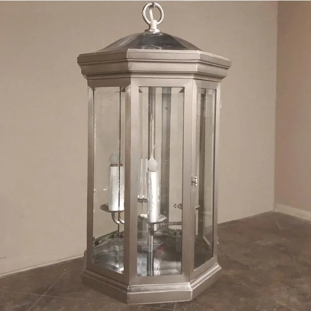 Metal Mid-Century Brushed Steel Lantern Chandeliers - a Pair For Sale - Image 7 of 12