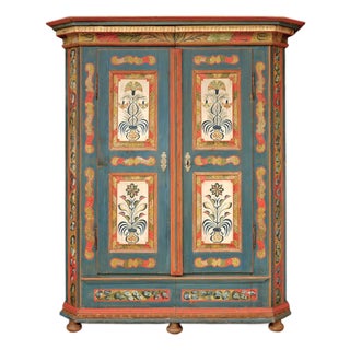 Alpine Blue Floral Painted Cupboard For Sale