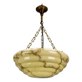 Art Deco Layered Marbled Yellowish Beige and Brown Glass and Brass Pendant Light, 1950s For Sale