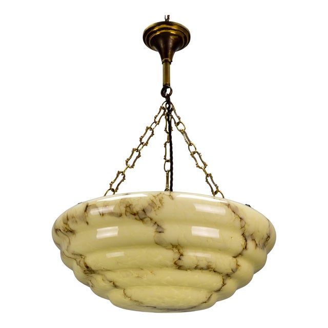Art Deco Layered Marbled Yellowish Beige and Brown Glass and Brass Pendant Light, 1950s For Sale