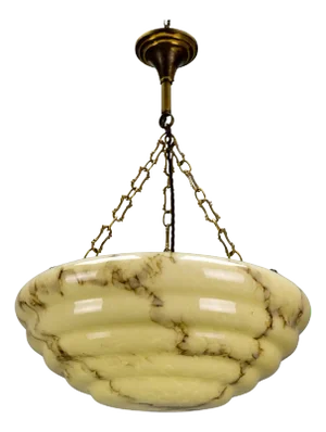 Art Deco Layered Marbled Yellowish Beige and Brown Glass and Brass Pendant Light, 1950s