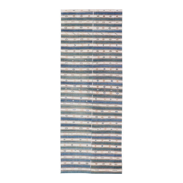 Vintage Turkish Cotton Kilim Rug With Teal, Blue, Cream, and Beige Stripes 4'6"x16'4" For Sale