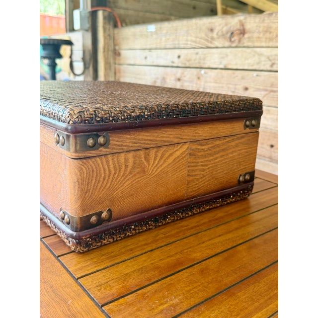 Vintage Rattan Wrapped Decorative Suitcase Trunk For Sale - Image 10 of 12