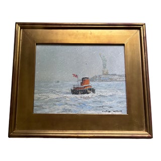 Christopher Willett, "Tugboat in New York Harbor", Oil on Masonite For Sale