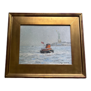 Christopher Willett, "Tugboat in New York Harbor", Oil on Masonite