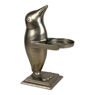 Vintage Art Deco Pewter Penguin Butler Catchall Serving Dish For Sale