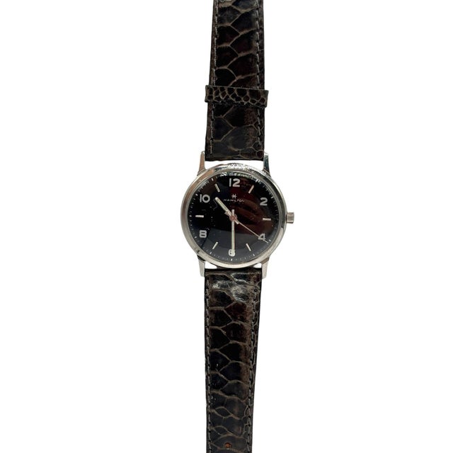 Mid-Century Modern 1950 Hamilton Thin-O-Matic Wristwatch W/ Black Dial on Leather Band For Sale - Image 3 of 10