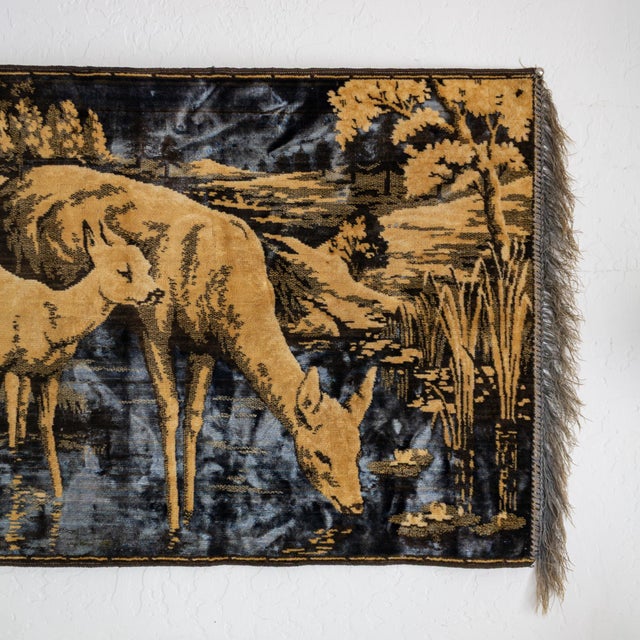 1940s Belgian Woodland Deer Tapestry in Slate Blue and Taupe With Silk Fringe For Sale - Image 5 of 13