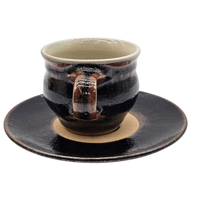 Late 20th Century Vintage Japanese Studio Pottery Demitasse Set, Black Glazed Cups & Saucers With Box For Sale - Image 5 of 12