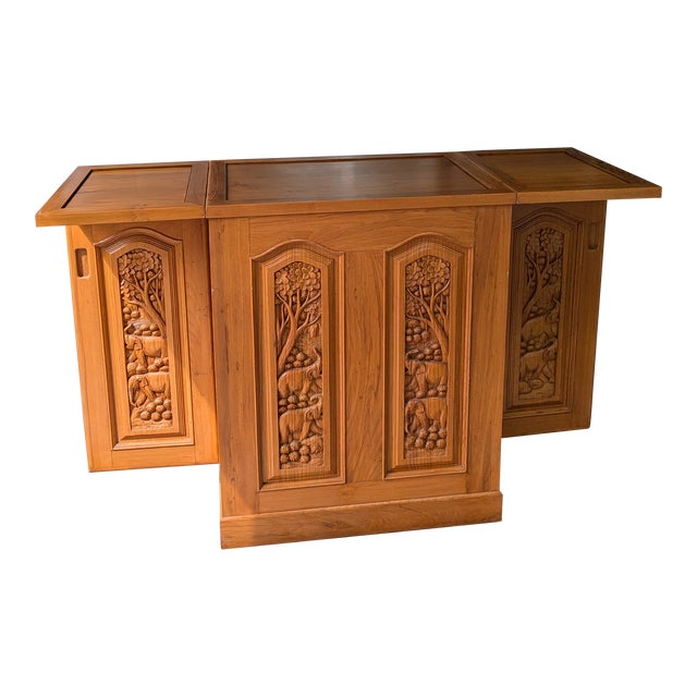 Vintage Teak Asian Style Flip Top Bar Cabinet For Sale