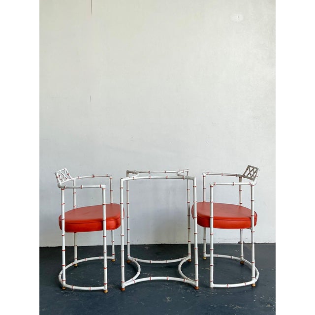 White Vintage Faux Metal Bamboo Patio Hollywood Chairs and Table Set For Sale - Image 8 of 16