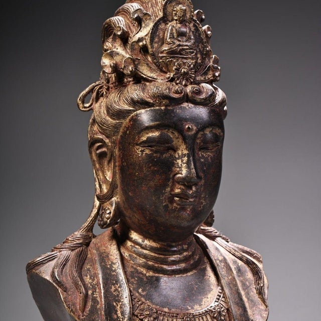 Chinese Vintage Chinese Gilded Bronze Guanyin Bodhisattva Bust, Partial Figure Sculpture For Sale - Image 3 of 10