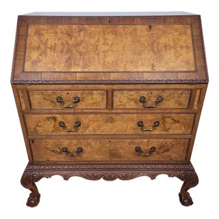 Antique Edwardian Secretary with Drawers in Carved Walnut and Leather, 1910 For Sale