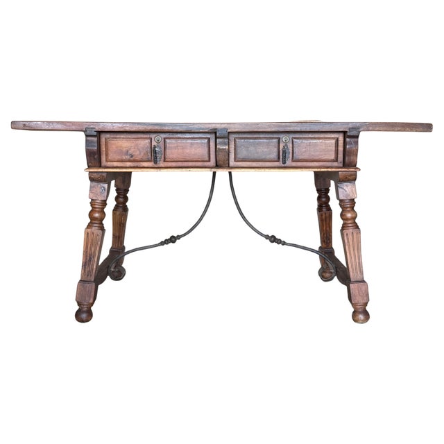 19th Century Solid Oak Baroque Fluted Legs Desk Writing Table or Console For Sale - Image 15 of 18