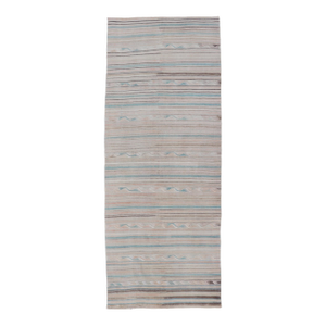 Vintage Turkish Gallery Kilim Rug in Beige, Soft Blue, and Taupe 4'10 X 13