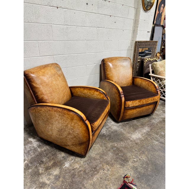 Art Deco Style Leather & Velvet Club Chairs - A Pair For Sale - Image 4 of 10