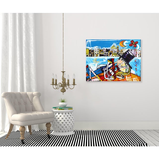 Blue Bacio Con Vista Costiera Amalfitana - Original Amalfi Coast Cubist Figurative Mixed Media Acrylic Painting on Canvas For Sale - Image 8 of 9