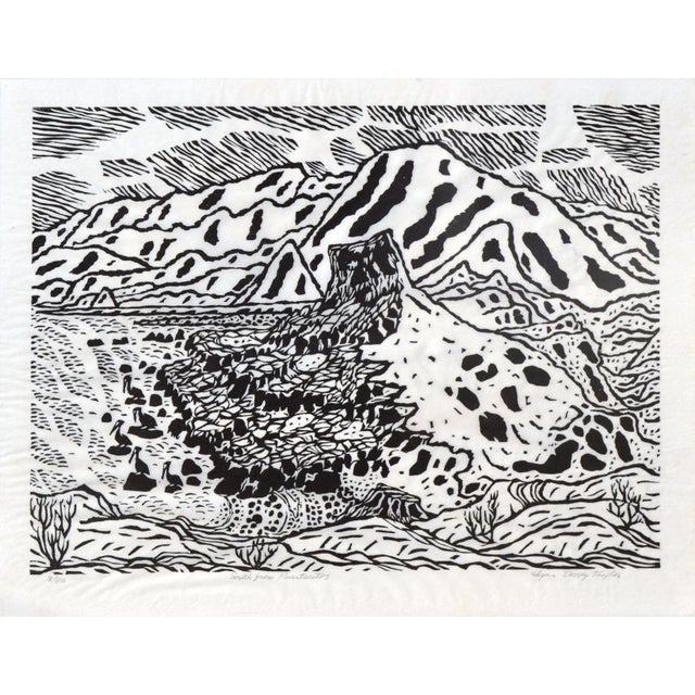 "South from Puertecitos" Mid Century Abstracted Landscape, Woodcut on Paper A striking woodcut landscape print from Edgar...