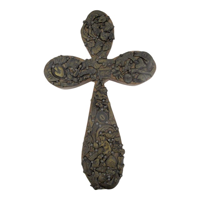 Milagros Mexican Folk Art Wall Cross With Sacred Nailed Amulets & Charms For Sale