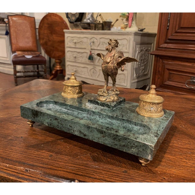 Green 19th Century French Marble and Bronze Rooster Inkwell Sculpture Signed Melotte For Sale - Image 8 of 13