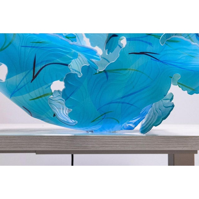 Glass Janet Kelman Seafan Series Signed Contemporary Studio Glass Azure Blue Leaf Bowl For Sale - Image 7 of 8