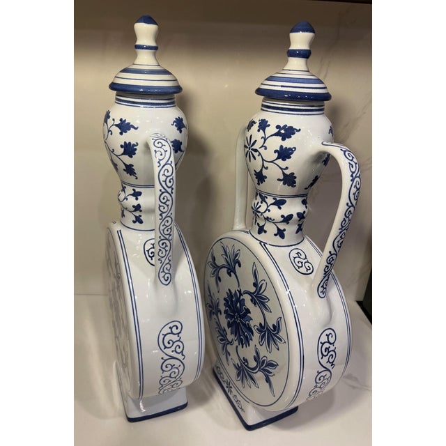 Blue Vintage Pair of Blue and White Chinese Porcelain Moonflask (Urn, Vase) For Sale - Image 8 of 13