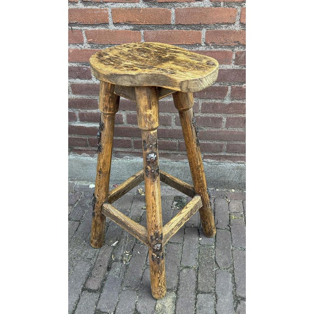 1960s Industrial Rustic Pine Stool with Iron Decoration, 1970s For Sale - Image 5 of 16