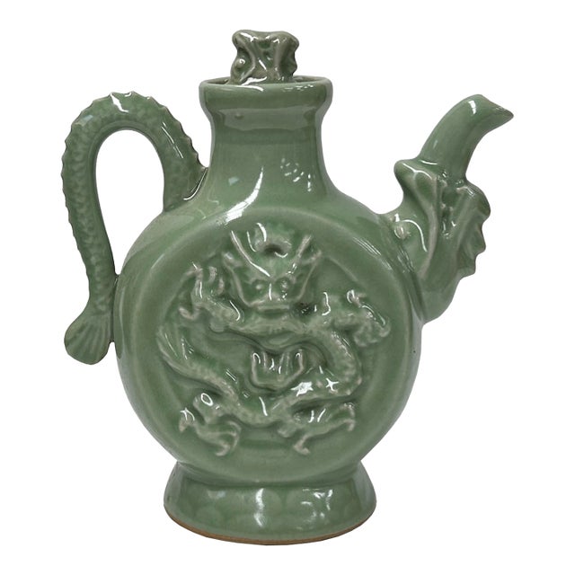 Oriental Celadon Green Wine Jar Shape Dragon Ceramic Art Vase Jar For Sale