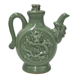 Oriental Celadon Green Wine Jar Shape Dragon Ceramic Art Vase Jar