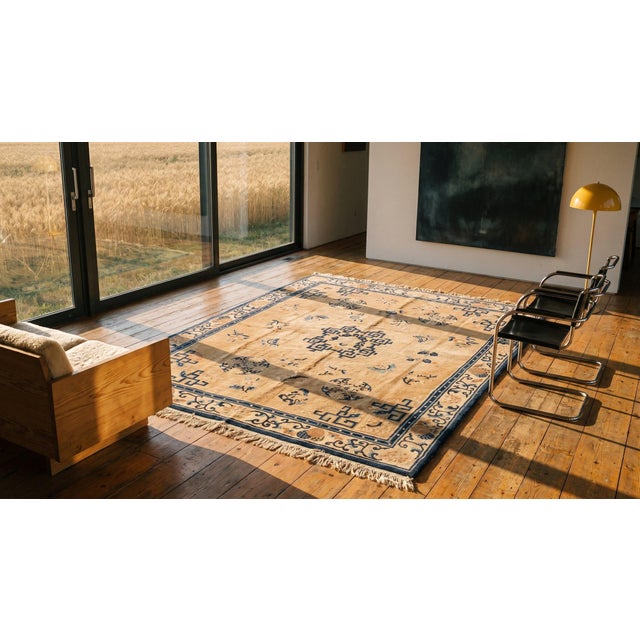 1900s Beige Medallion Floral Antique Chinese Ningxia Carpet 8' X 9'6" Knotted Wool Rug For Sale - Image 17 of 17