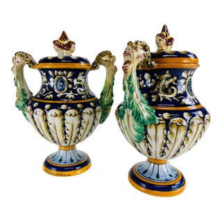 Mid-Century Vintage Hand Painted Italian Pottery Urns With Lids/a Pair For Sale