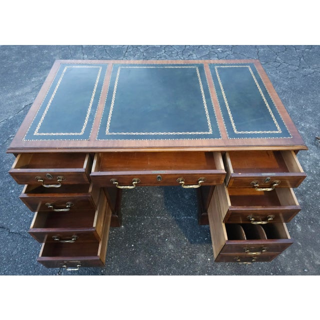 Brown Hespeler Furniture Chippendale Mahogany Inlays and Green Leather Top Desk For Sale - Image 8 of 12