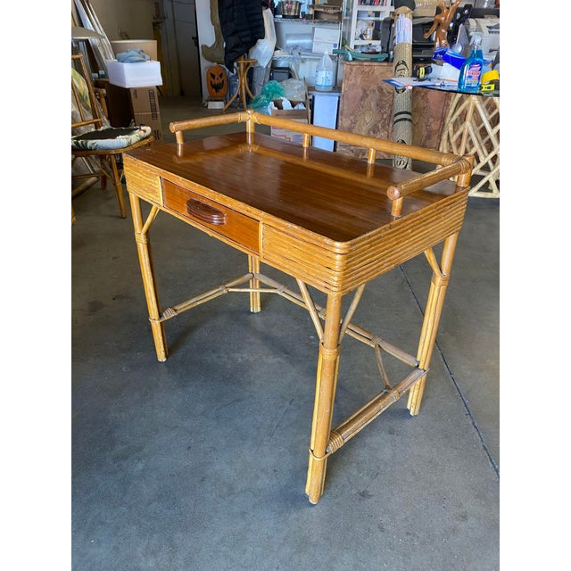 Restored Split Rattan and Mahogany Secretary Desk With Chair | Chairish