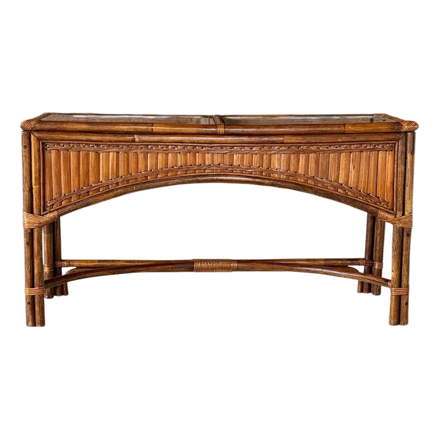 Vintage Boho Bamboo & Rattan Console Table With Arched Apron | Chairish