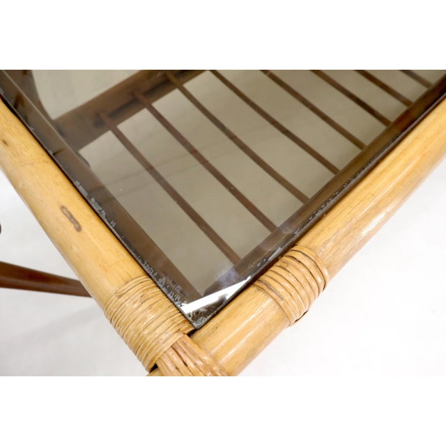 Bamboo Rattan Rectangular Smoked Glass Top Coffee Table with Dowel Bottom Shelf For Sale - Image 11 of 12
