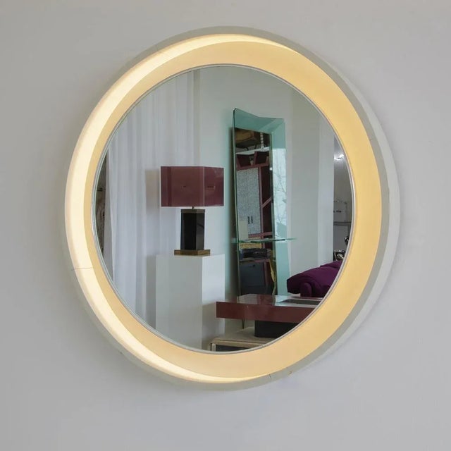Large Round Illuminated Wooden Mirror, 1970s For Sale - Image 3 of 6