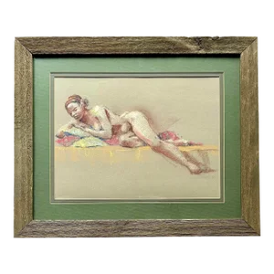 Vintage Impressionist Pastel of Nude Woman Reclining in Vintage Barn Wood Frame