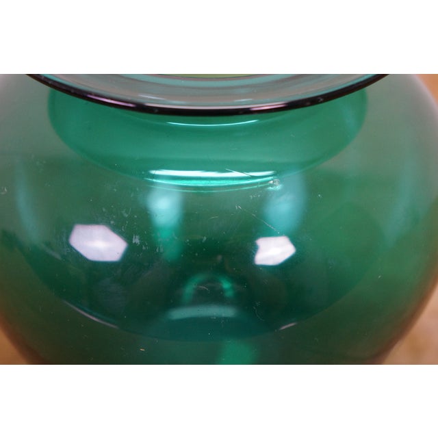 Vintage Hand Blown Teal Green Glass Vase Urn Leech Bowl 6" For Sale - Image 12 of 12