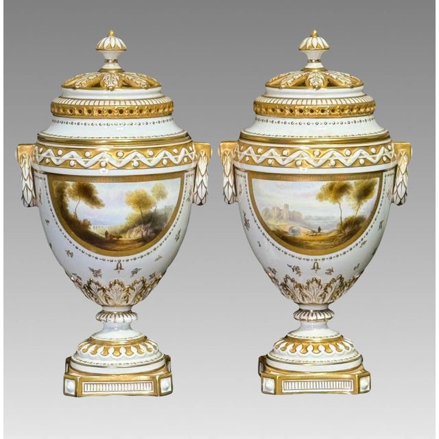 A pair of exquisite antique Neoclassical Royal Worcester porcelain urns - 11" pedestal chalice form vases with open pierce...