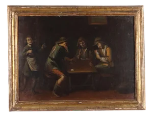 Scene with Card Players, Oil on Canvas, Framed