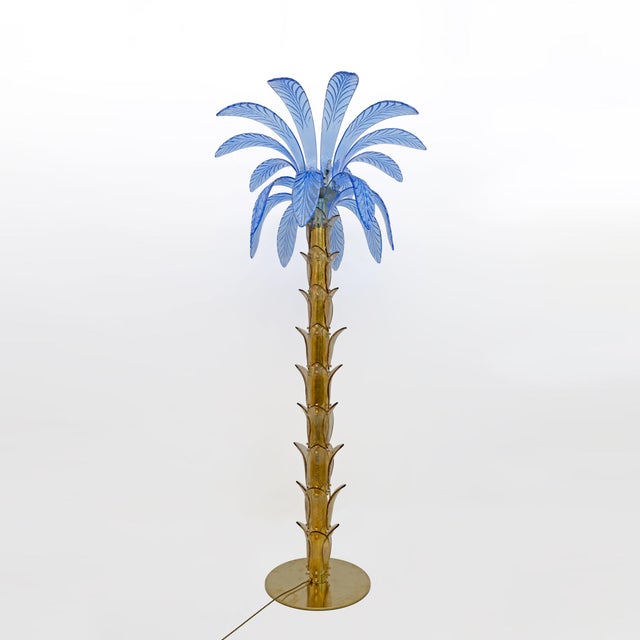 Pair of floor lamps in amber and blue murano blown glass, brass structure, four bulbs. the floor lamp is also a sculpture...