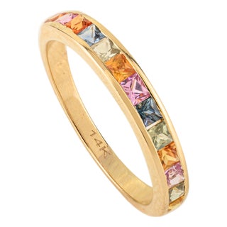 14k Gold 1 Carat Multi Sapphire Half Eternity Band Ring Stack Size 6 Gifts for Her For Sale