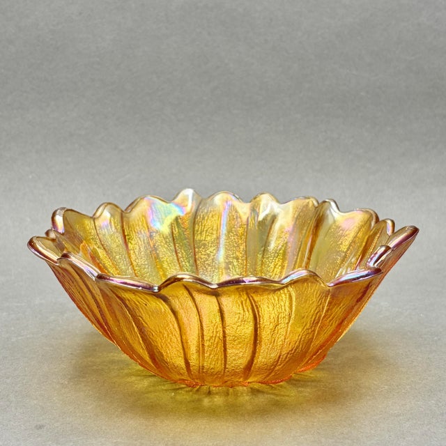 Mid-Century Modern Vintage Indiana Glass Marigold Carnival Glass “Sunflower” Ruffled Bowl For Sale - Image 3 of 9