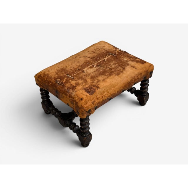 19th Century Baroque, Small Footstool, Leather, Turned Walnut, 19th C. For Sale - Image 5 of 12