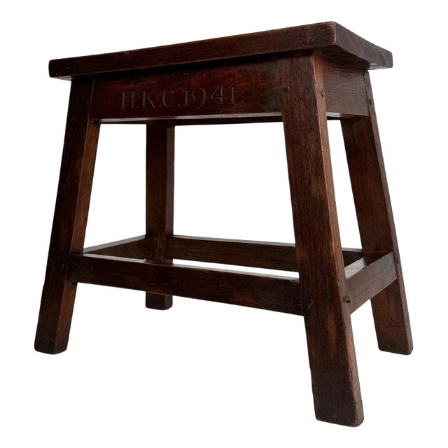 Vintage English Carved Joined Oak Stool, 1941 For Sale