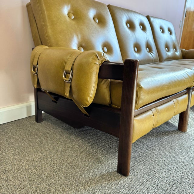 Vintage Olive Colored Vinyl and Walnut Three Seater Sofa For Sale In New York - Image 6 of 12