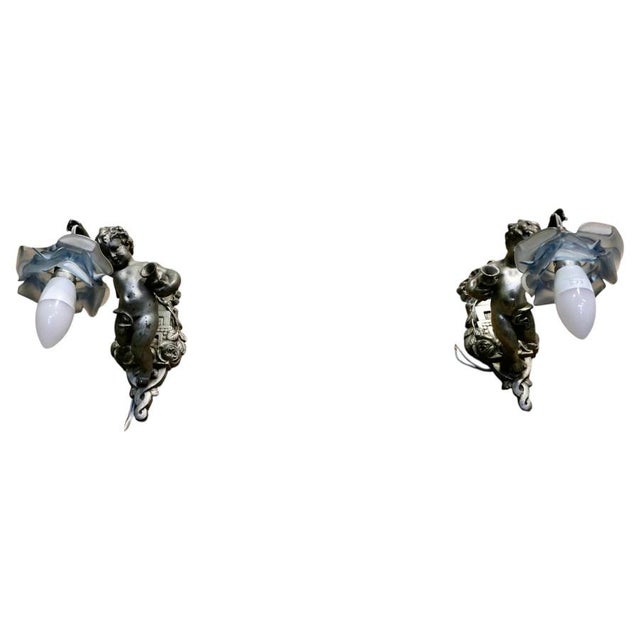 Blue French Arts and Crafts Cherub Wall Lights, 1900, Set of 2 For Sale - Image 8 of 8