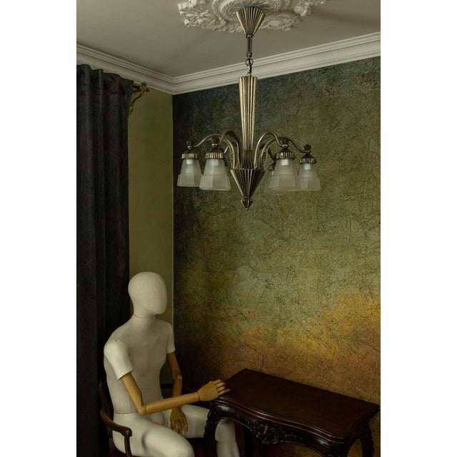 Art Deco French Bronze and Frosted White Glass Six-Light Chandelier, 1930s For Sale - Image 16 of 18