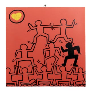 1990s Abstract Keith Haring Style Acrylic on Canvas Red Painting For Sale