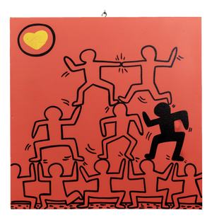 1990s Abstract Keith Haring Style Acrylic on Canvas Red Painting